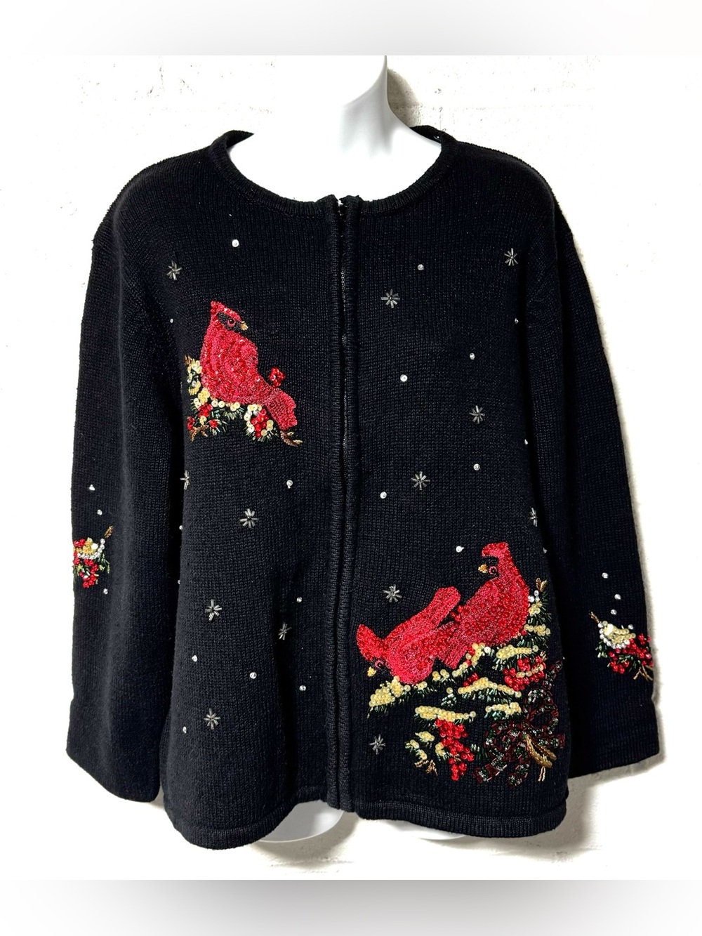 Vtg Tiara International Sequin Beaded Cardinal Christmas Cardigan Sweater L